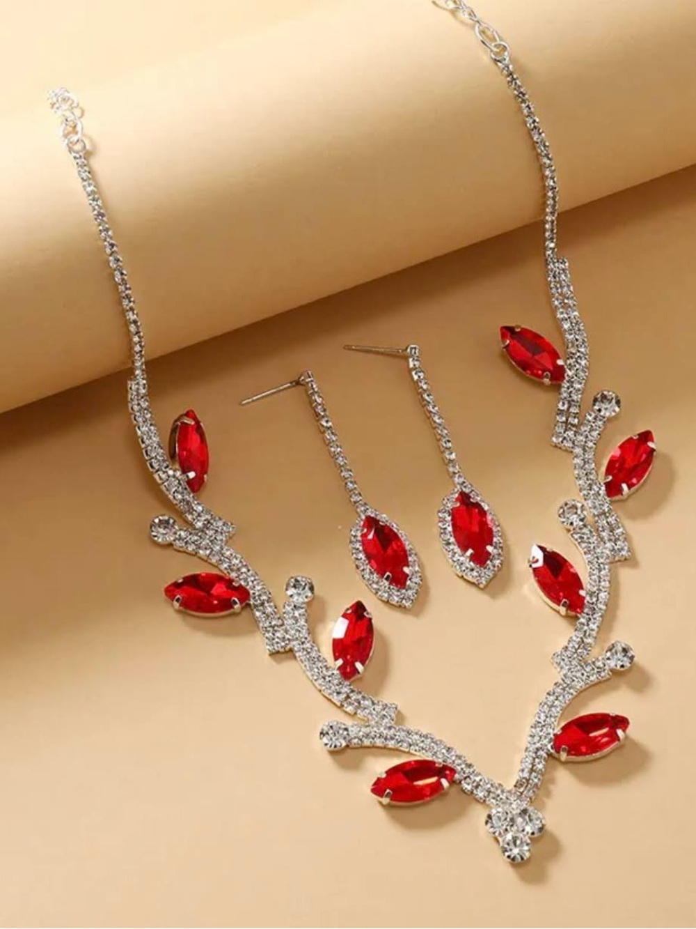 Sparkling Red Crystal Leaf Necklace & Drop Earrings Set - Women Jewelry